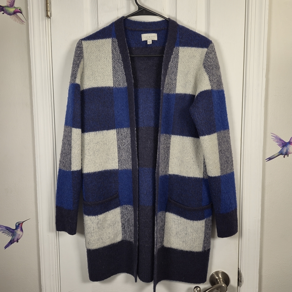 Lucky Brand Blue Buffalo Plaid Longline Open Cardigan XS